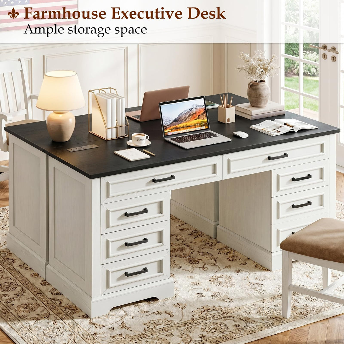 Halitaa: 47" Farmhouse Student Study Desk with 4 Drawers & Monitor Stand