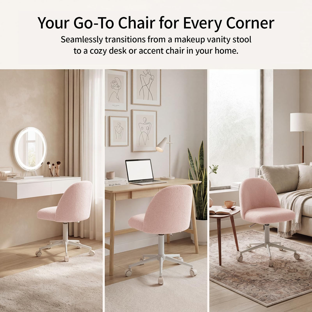 White Vanity Chair with Wheels＆Back, Armless Cute Desk Chair