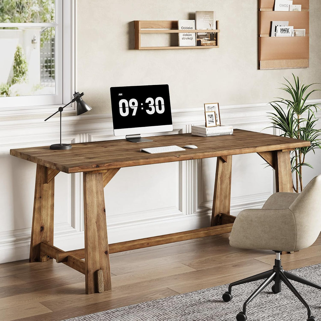 LITTLE TREE 63-Inch Solid Wood Student Desk, Rustic Brown