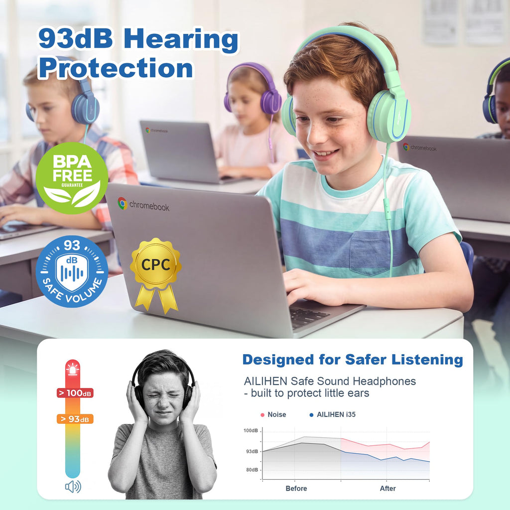 AILIHEN I35 Kids Headphones for School with Mic, 93dB Volume, Green Purple