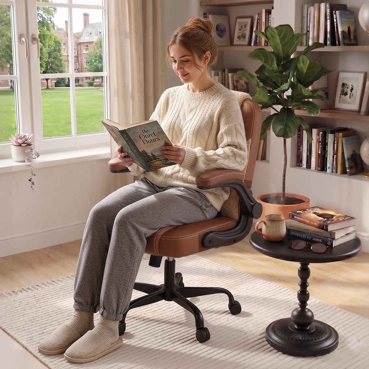 PU Leather Mid-Back Office Chair, Flip-Up Arms, 3.5" Dual-Layer Cushion