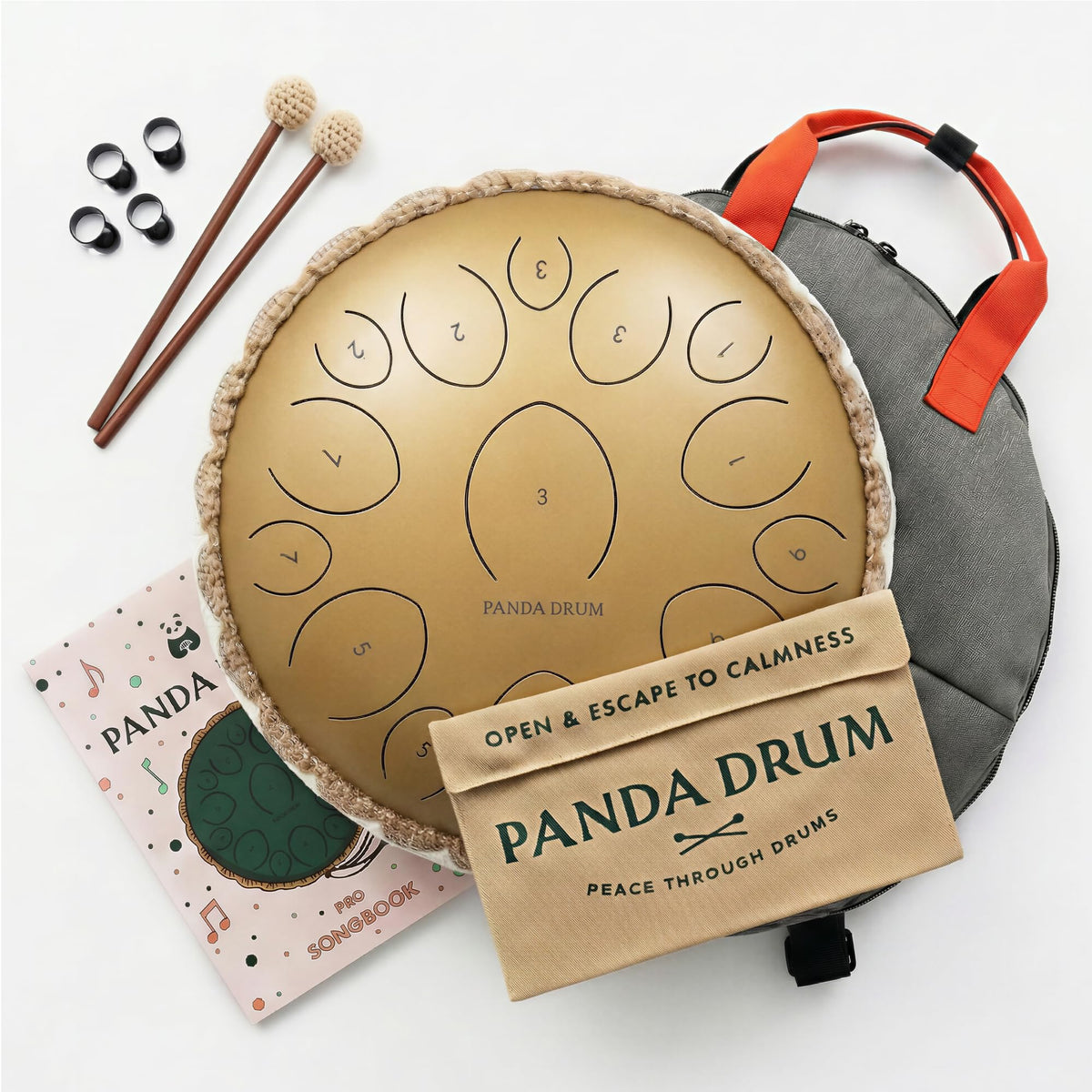 Panda Drum Pro 15" Steel Tongue Drum — 15-Note Hand Pan with Accessories