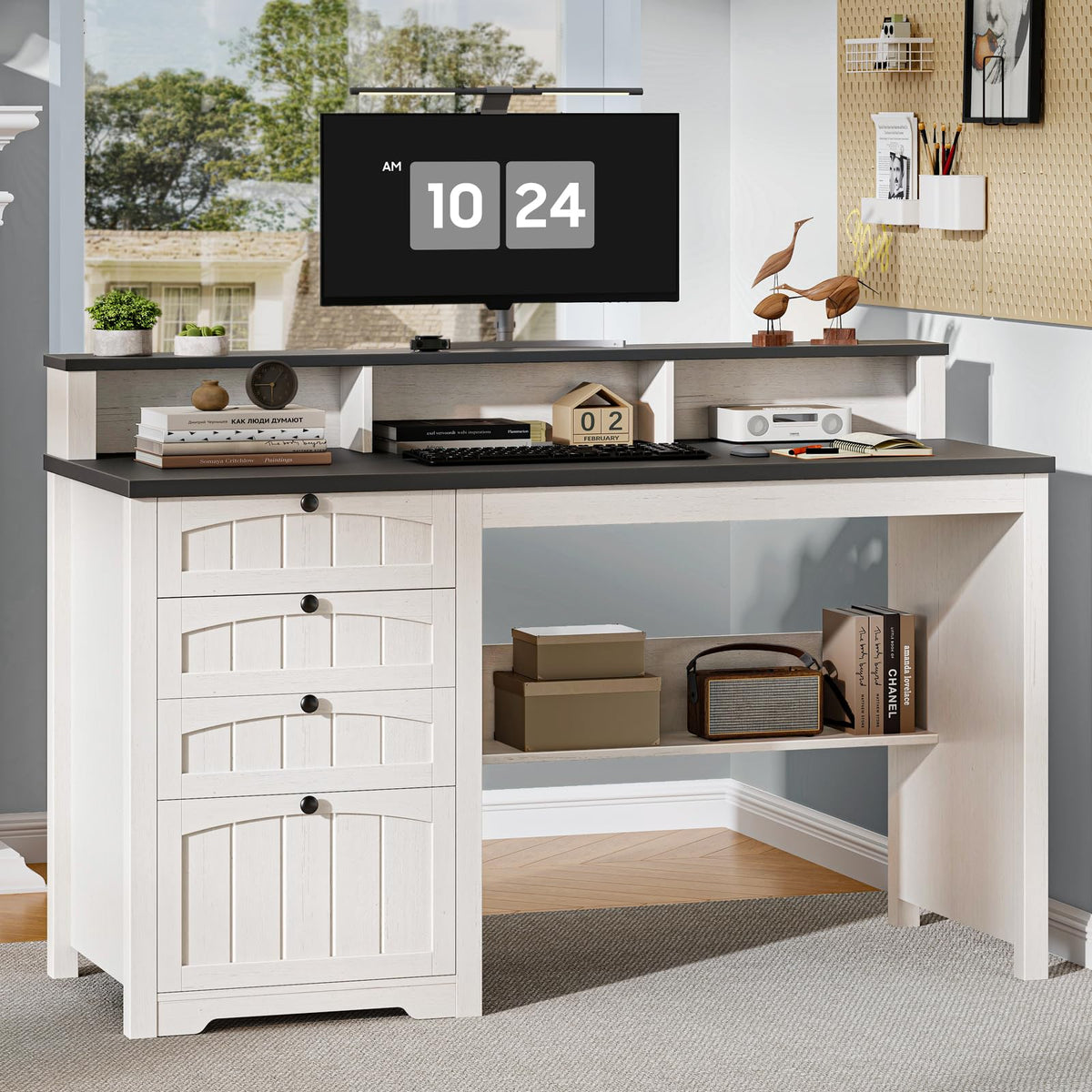 Halitaa: 47" Farmhouse Student Study Desk with 4 Drawers & Monitor Stand