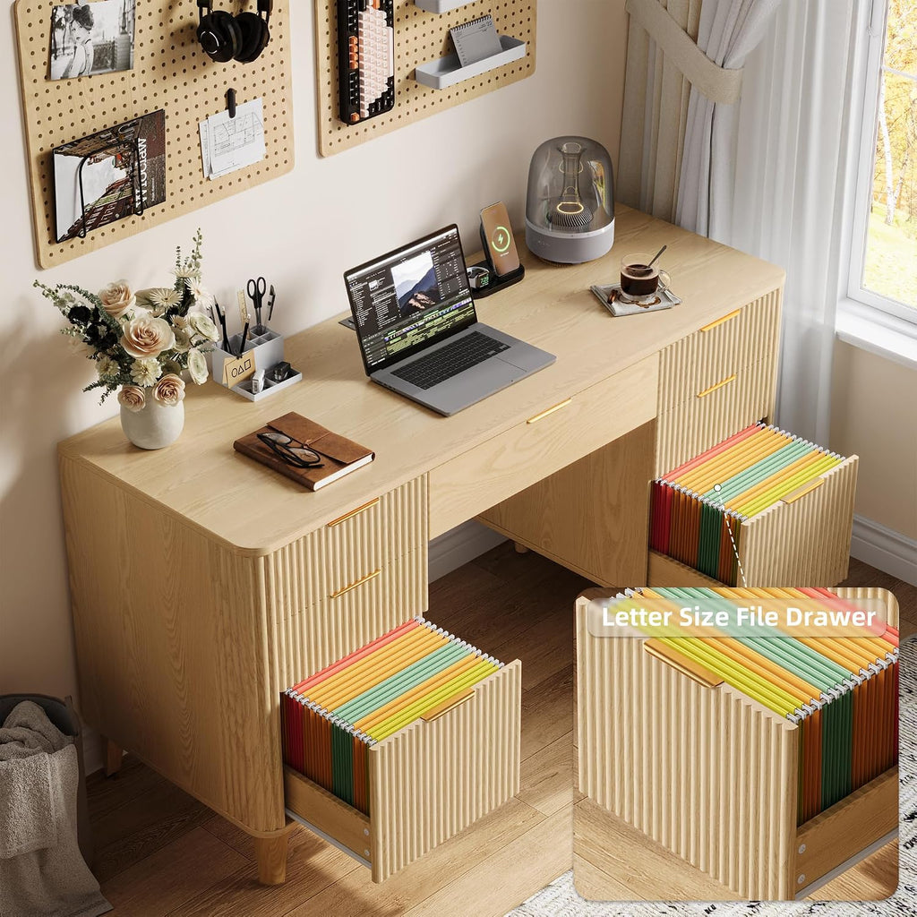55.1" Fluted Executive Desk with Drawers, Wood Computer Desk with Storage Cabinet, Home Office Desk with Charging Station, Farmhouse Desk with File Cabinet for Office Home (Nature)