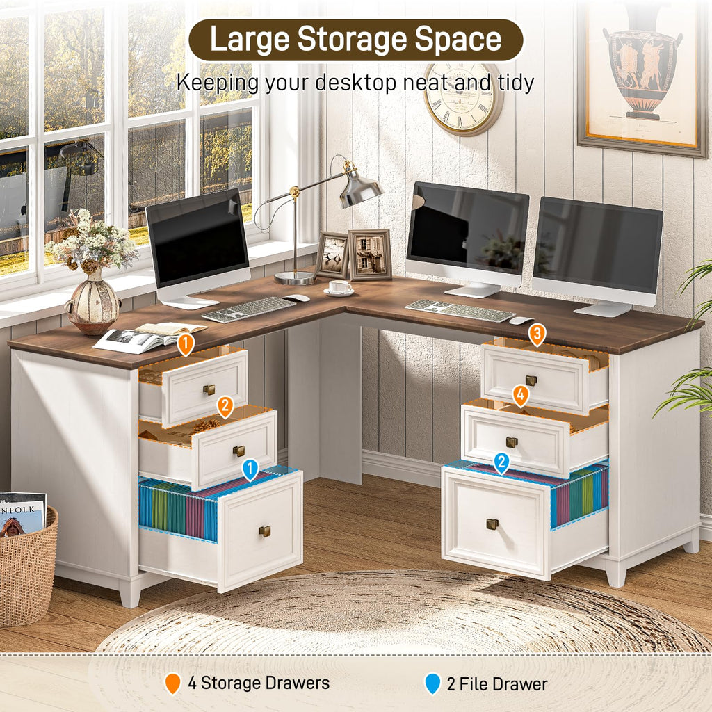 Vabches 51" Executive Desk Farmhouse Home Office Desk with Charging Station, LED Light, File Drawer, Storage Cabinet, Monitor Stand, Wood Computer Desk with Hutch for Work Study Writing (White)
