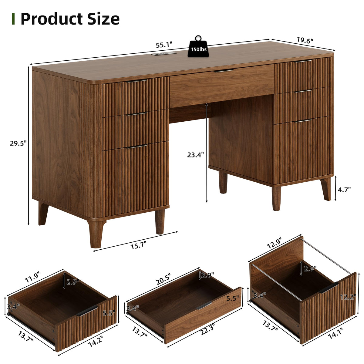 55.1" Fluted Executive Desk with Drawers, Wood Computer Desk with Storage Cabinet, Home Office Desk with Charging Station, Farmhouse Desk with File Cabinet for Office Home (Nature)