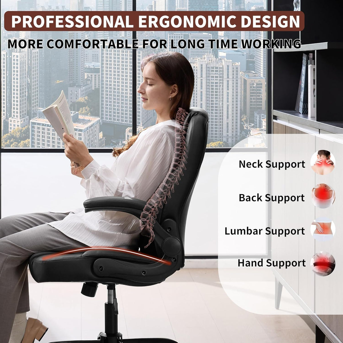 Leather Office Chair Swivel Lumbar Support for Short People Black