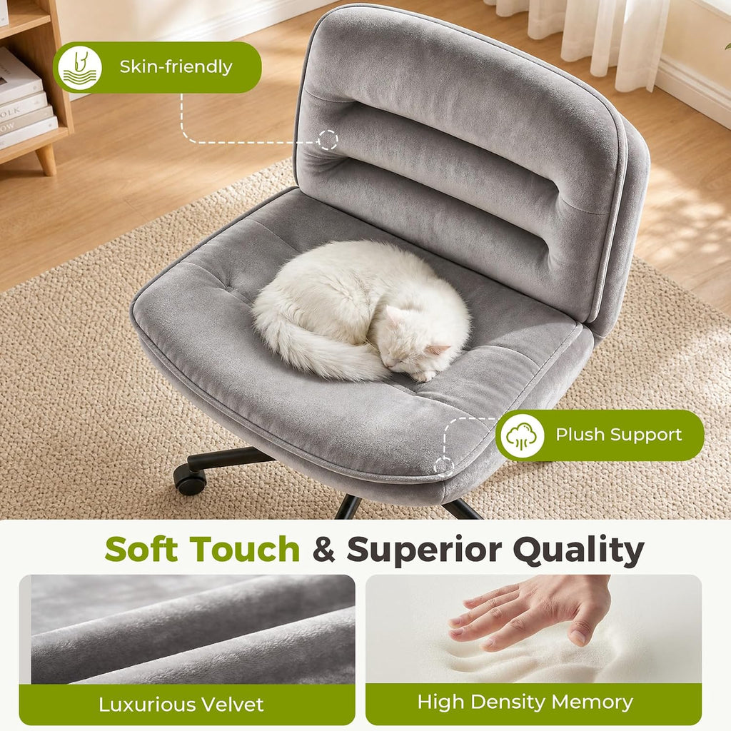 GTPLAYER Cross Legged Office Chair, Armless Desk Chair Cute Vanity Chair with Wheels Computer Chair Comfy Wide Office Chair Adjustable Swivel for Home Computer Task,Soft Velvet, Dark Grey