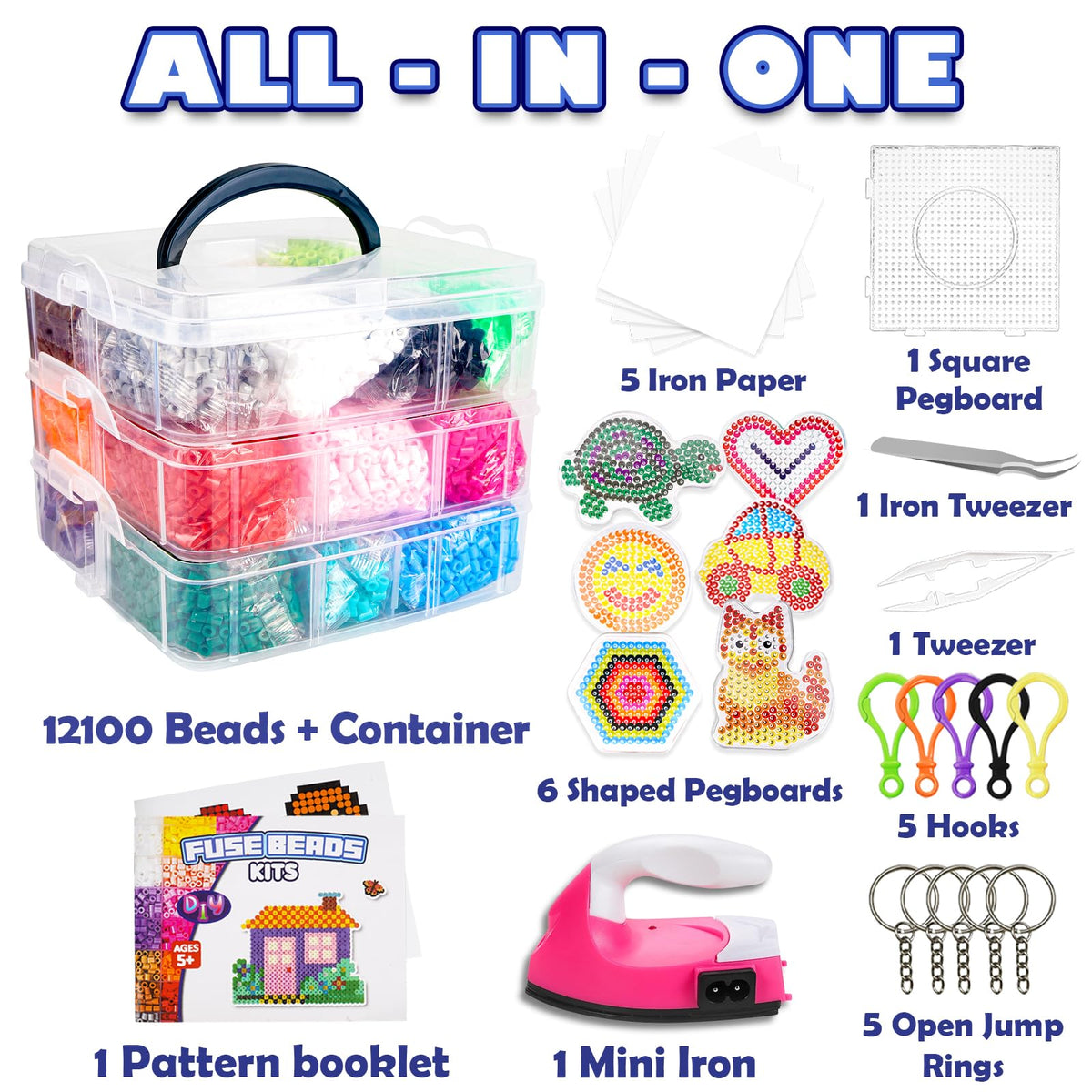 FUNZBO 5200 5mm Fuse Beads Kit Iron Set - 24 Colors | 66 Patterns, Toys, Kids Crafts for Girls Ages 8-12, Arts and Crafts for Kids Ages 6-8, Gifts for Girls Boys Kids Age 5 6 7 8 9 10 11 12 Year Old