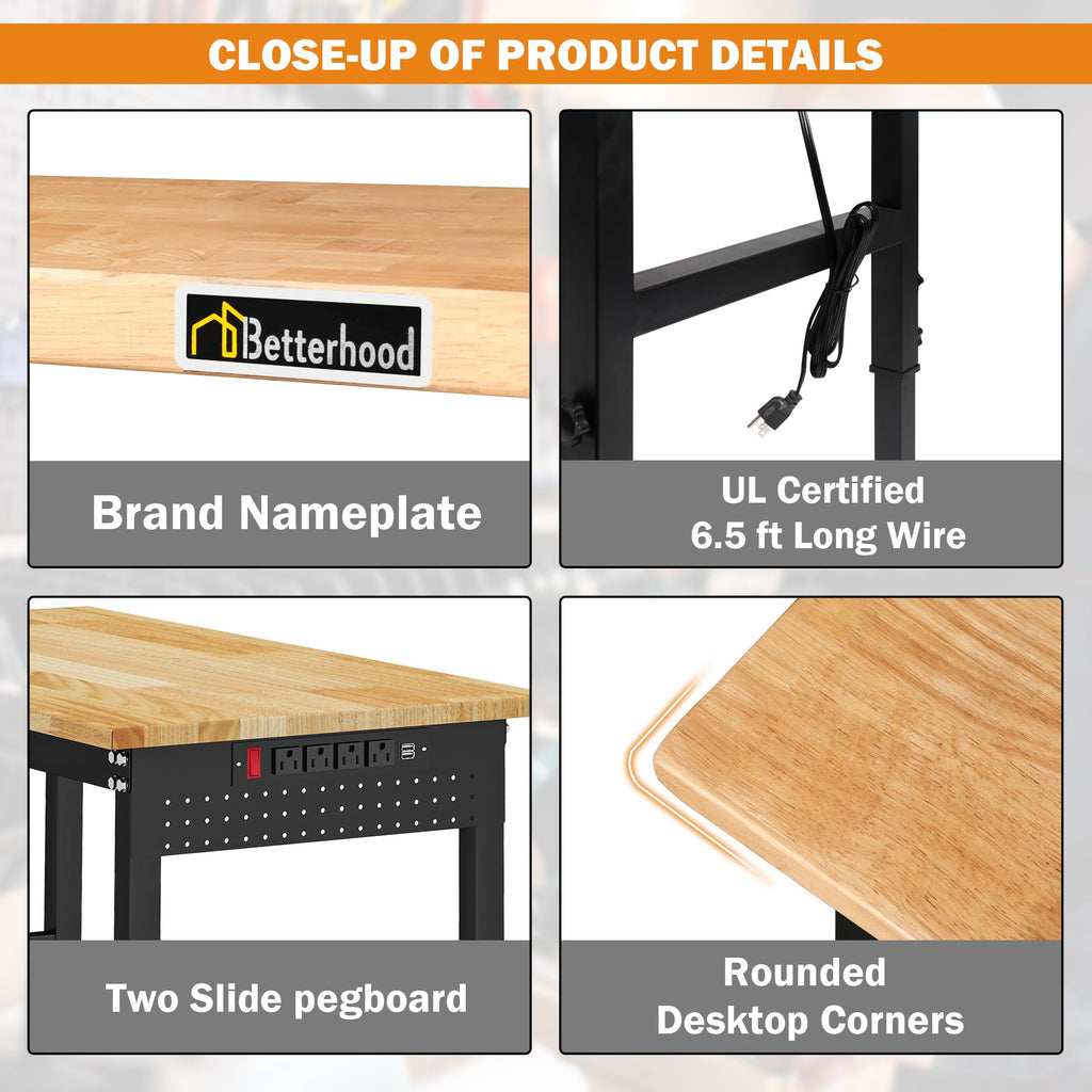 Betterhood 48" Heavy-Duty Adjustable Workbench for Garage, Rubber Wood Shop Table W/Metal Wheels, Hardwood Workstation Weight Capacity Over 2000 Lbs with Wheels