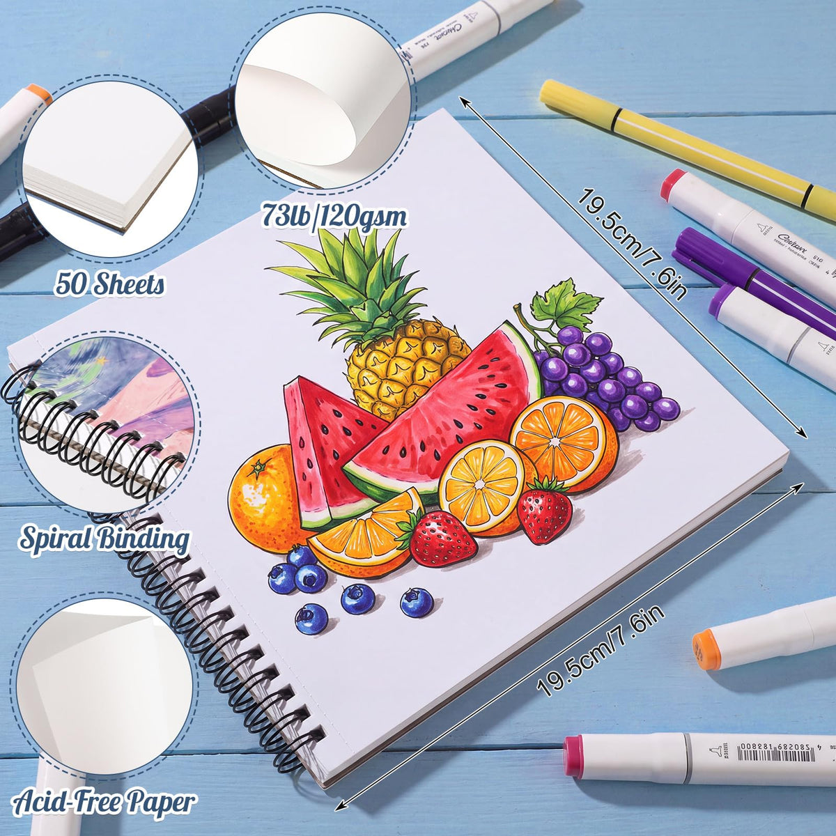 50 Sheets Marker Paper Pad, 7.6 × 7.6 in, 120gsm Alcohol Marker Paper