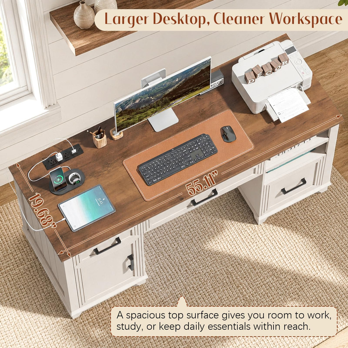 Vabches 51" Executive Desk Farmhouse Home Office Desk with Charging Station, LED Light, File Drawer, Storage Cabinet, Monitor Stand, Wood Computer Desk with Hutch for Work Study Writing (White)