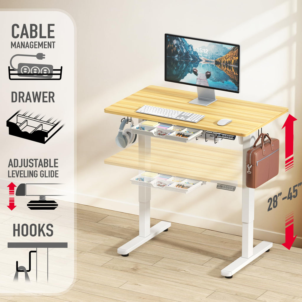 SHW 55 x 28 Electric Height Adjustable Standing Desk w/Drawer, White