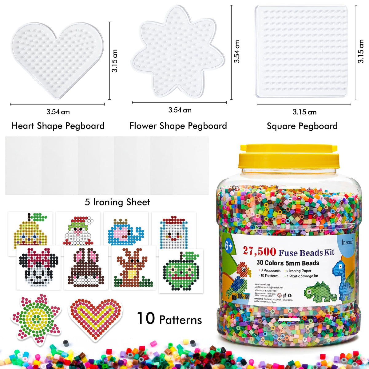 INSCRAFT Fuse Beads, 33000pcs Fuse Beads Kit for Kids, 33 Color 5MM Iron Beads Set with 150 Patterns, 8 Pegboards, 15 Ironing Paper, 6 Tweezers, 85 accessories, Craft Kits Gifts for Birthday Christmas