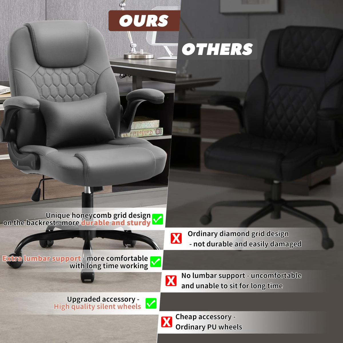 Leather Office Chair Swivel Lumbar Support for Short People Black