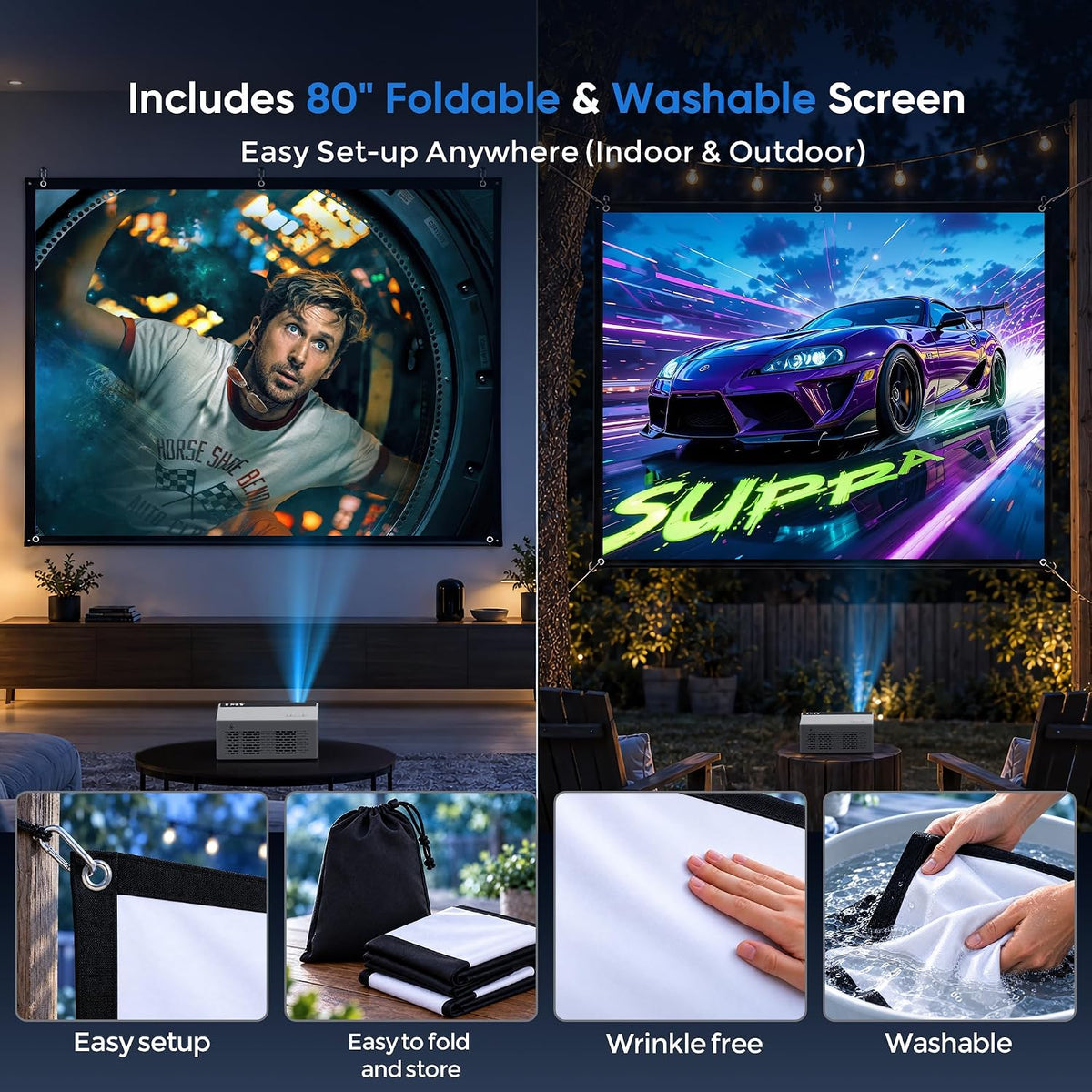 TMY Native 1080P Mini Portable Projector, 2-way Bluetooth, with 80in Screen