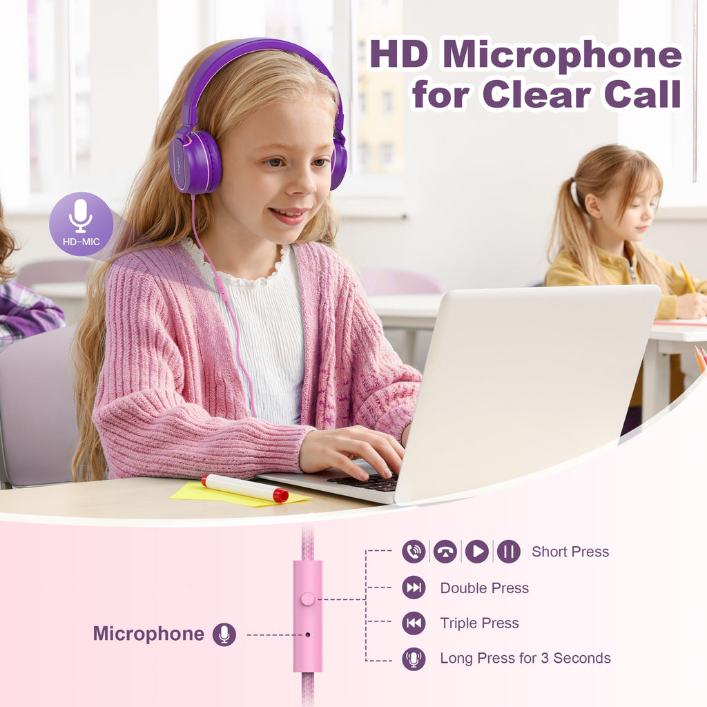 AILIHEN I35 Kids Headphones for School with Mic, 93dB Volume, Green Purple