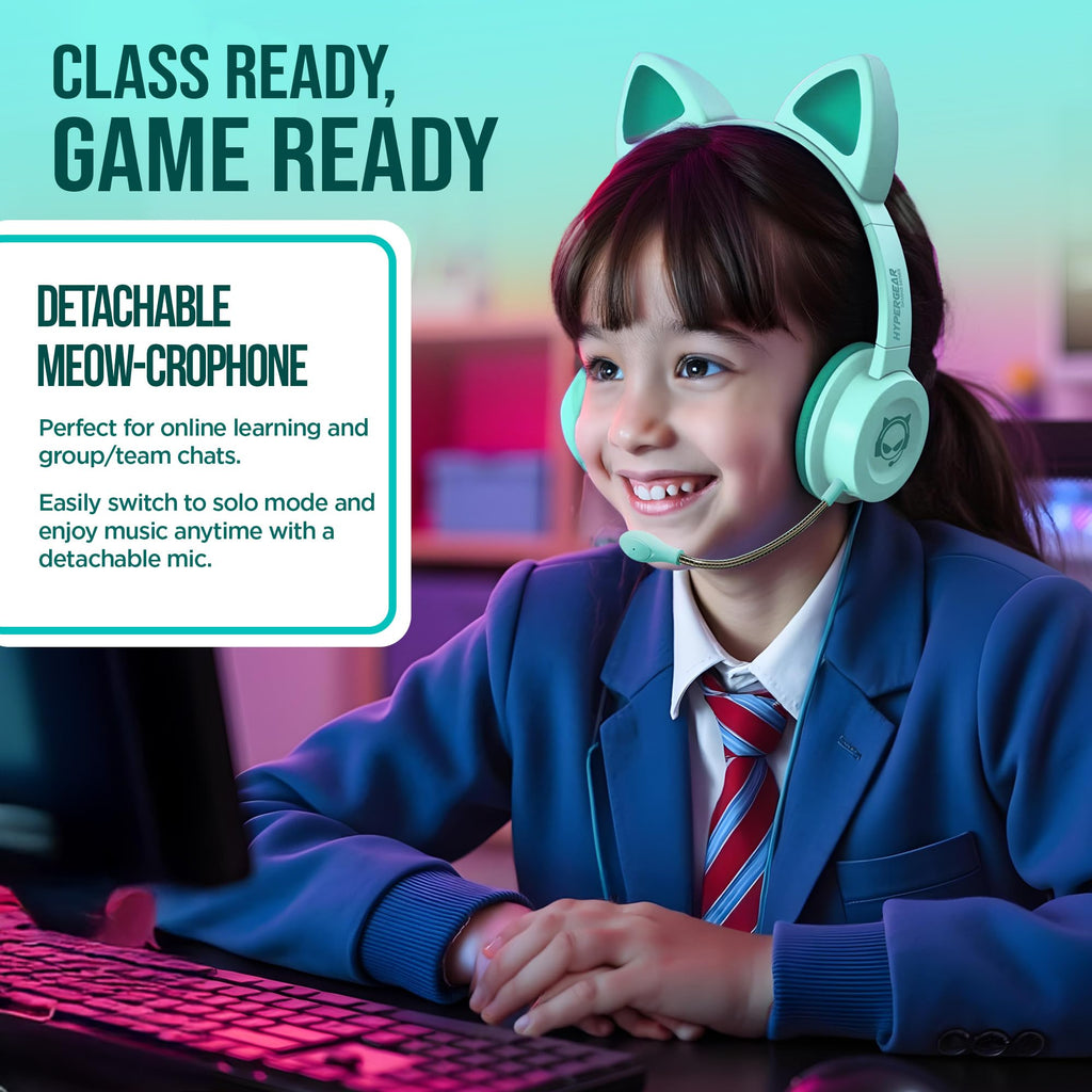 HyperGear Kombat Kitty Headphones for Kids - Cute Cat Ear Kids Headphones with Cord, Gaming Headset with Mic for Girls, Ideal for School, Home & Streaming, Pink