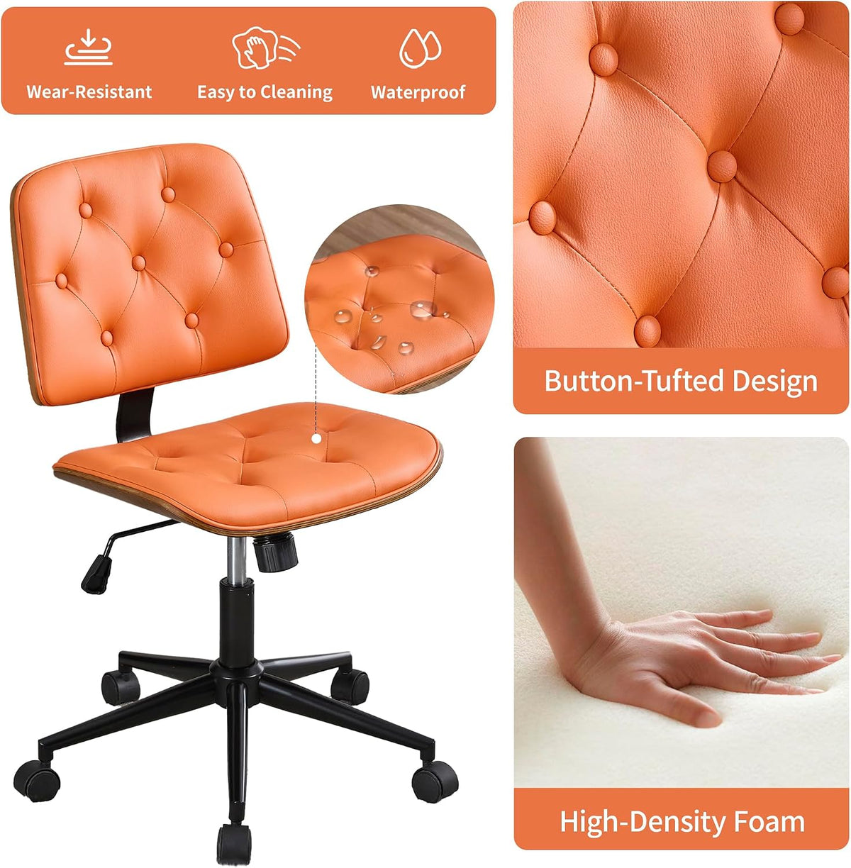 VipDesk Small Home Office Chair - Armless Mid Back Desk Chair with 360° Swivel and Wheels, PU Upholstered Height Adjustable Modern Walnut Computer Chair for Home, Office Meeting Room - Orange