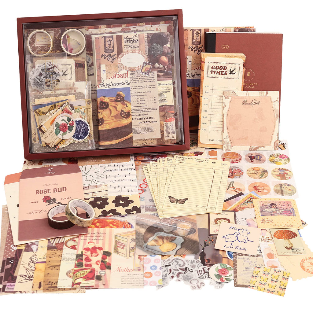 emmoolife 348 Pcs Scrapbooking Supplies Kit, Vintage Aesthetic Scrapbook Kit for Bullet Junk Journal, Stationery, A6 Grid Notebook, DIY Journaling Supplies, Birthday Craft Gift for Teen Girl Women