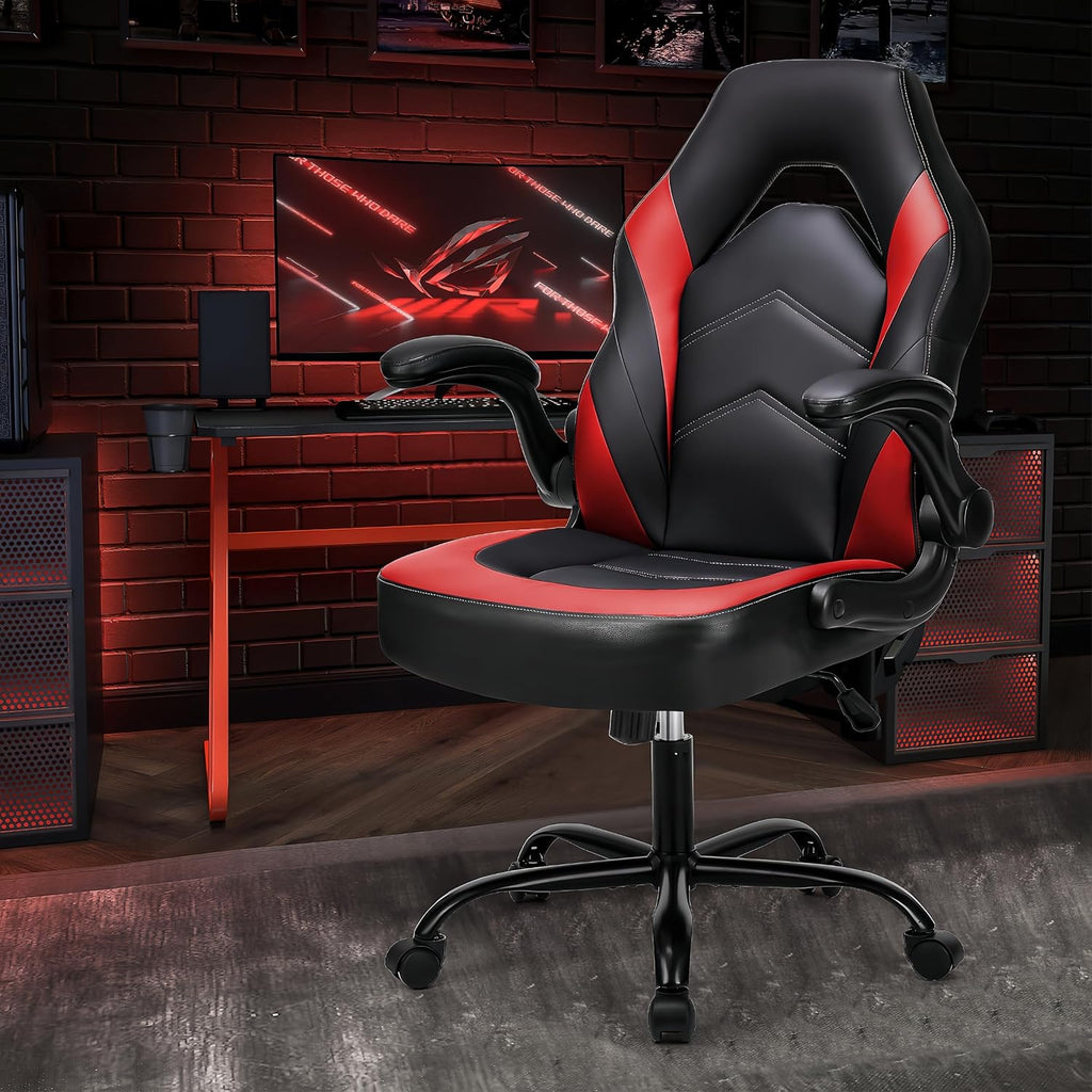 Computer Desk Chair with Lumbar Support, Ergonomic Office Chair with Flip-up Armrests for Adults, Grey,Black+Red (Black+Red)