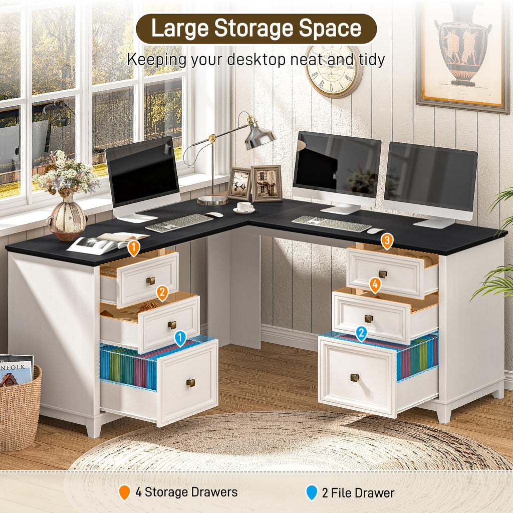Vabches 51" Executive Desk Farmhouse Home Office Desk with Charging Station, LED Light, File Drawer, Storage Cabinet, Monitor Stand, Wood Computer Desk with Hutch for Work Study Writing (White)