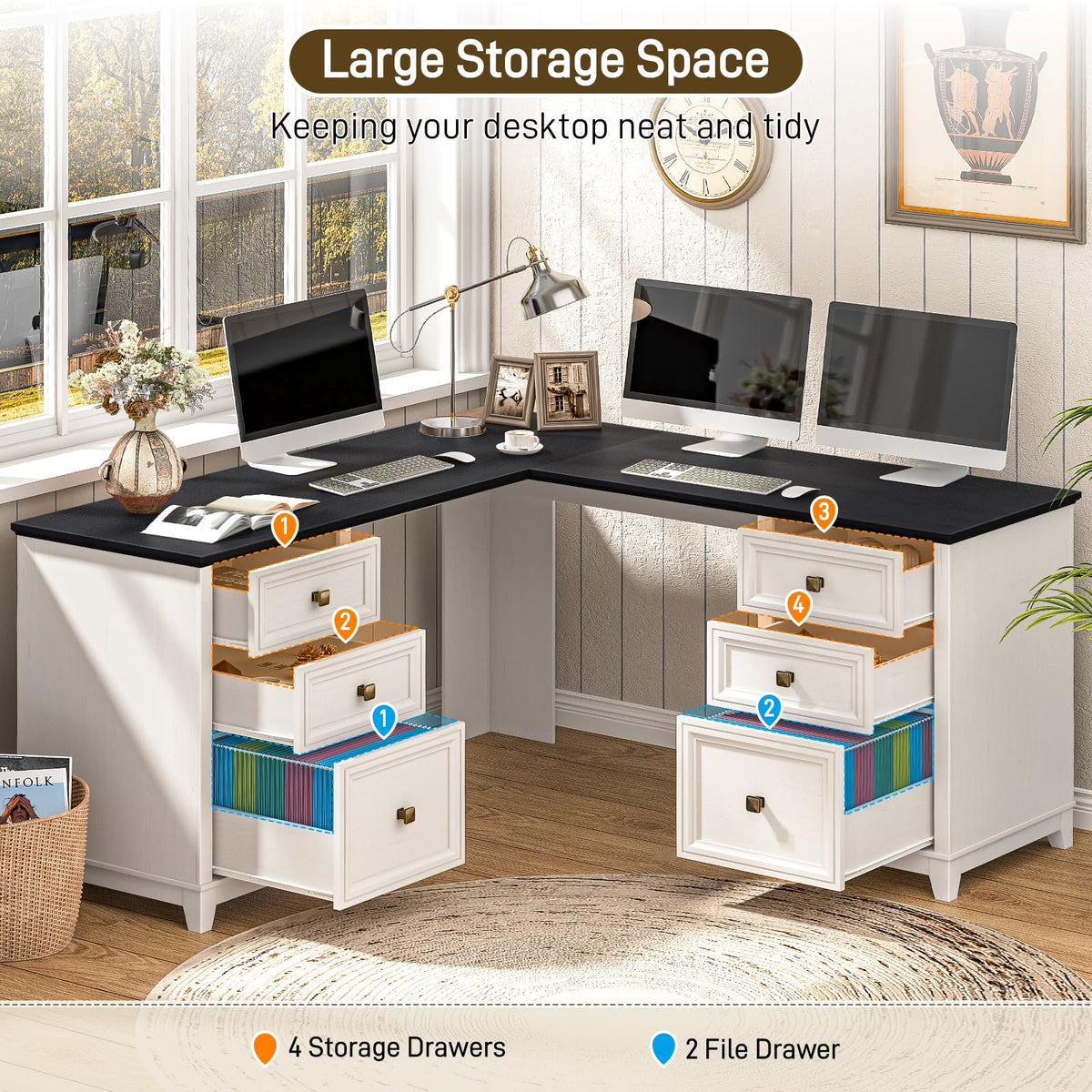 Vabches 51" Executive Desk Farmhouse Home Office Desk with Charging Station, LED Light, File Drawer, Storage Cabinet, Monitor Stand, Wood Computer Desk with Hutch for Work Study Writing (White)