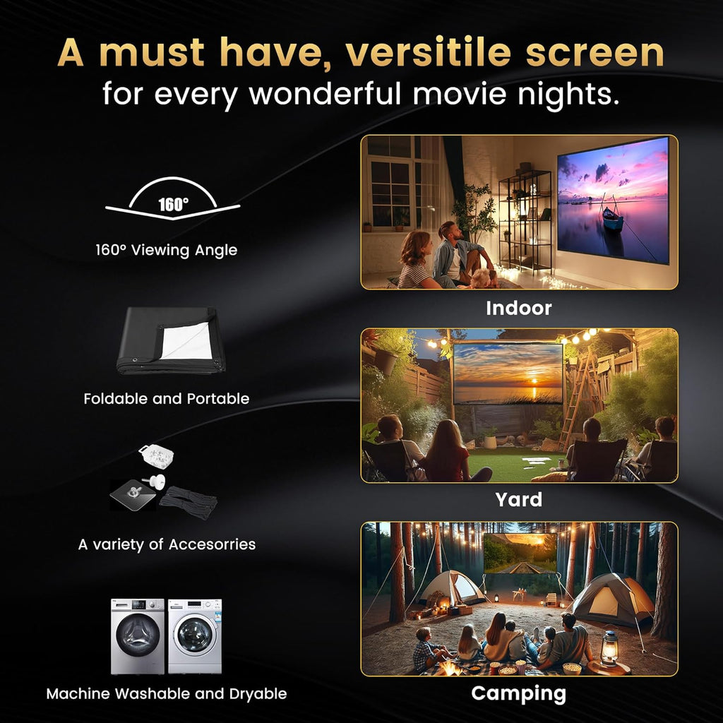 100 Inch Projector Screen with Black Backing, Foldable 16:9