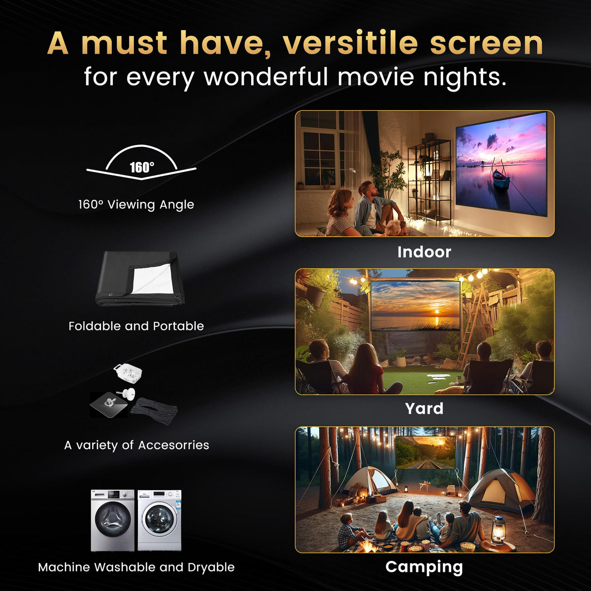 100 Inch Projector Screen with Black Backing, Foldable 16:9