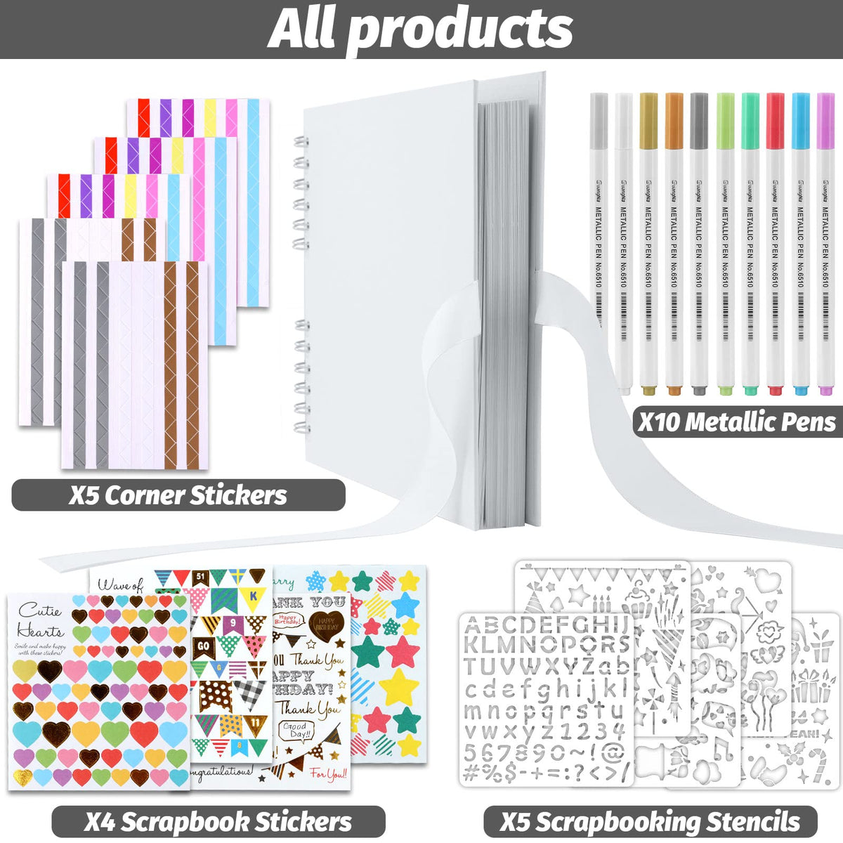 Gotideal 80 Pages Scrapbook Album with 10 Metallic Markers, Black