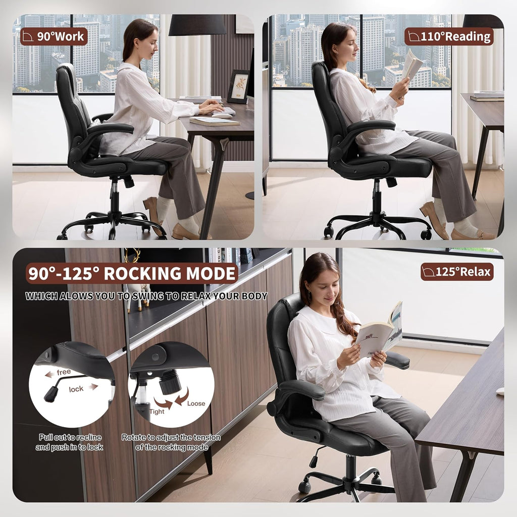 Leather Office Chair Swivel Lumbar Support for Short People Black