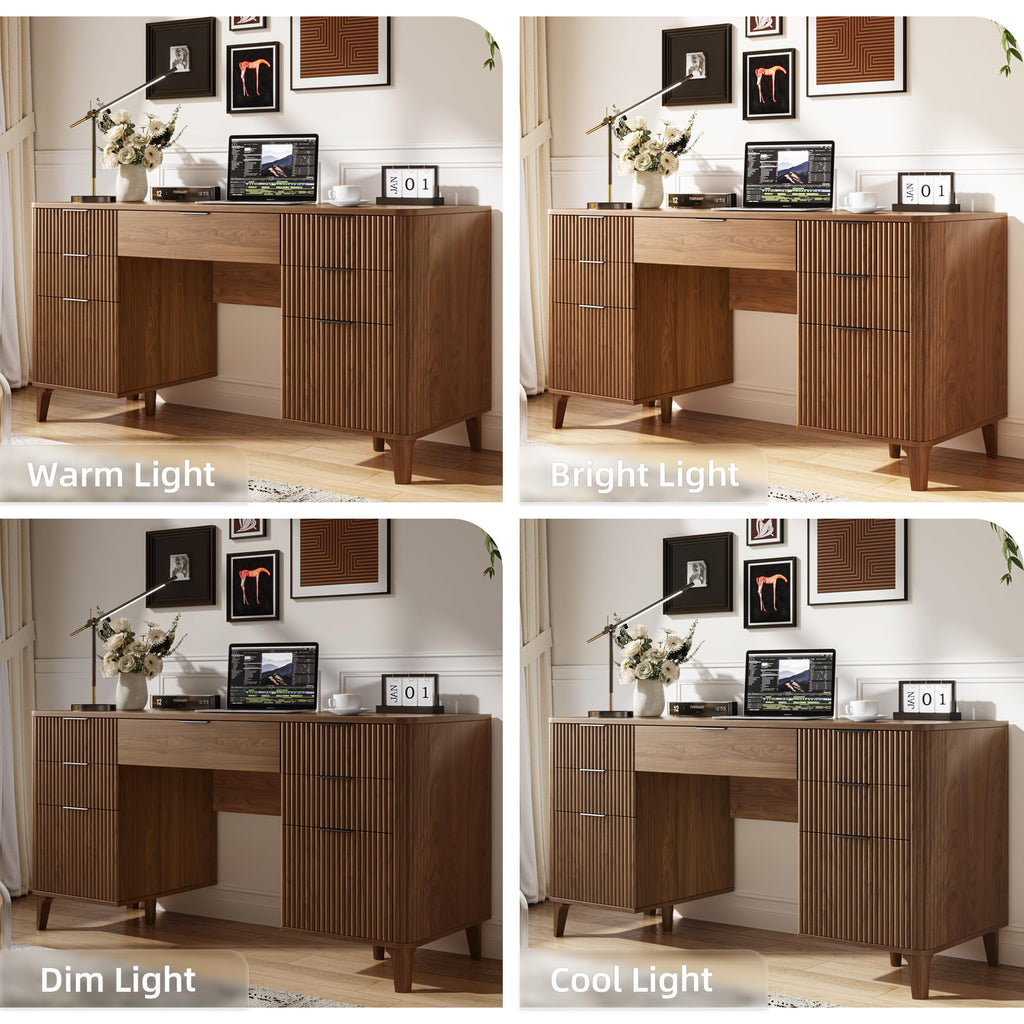 55.1" Fluted Executive Desk with Drawers, Wood Computer Desk with Storage Cabinet, Home Office Desk with Charging Station, Farmhouse Desk with File Cabinet for Office Home (Nature)