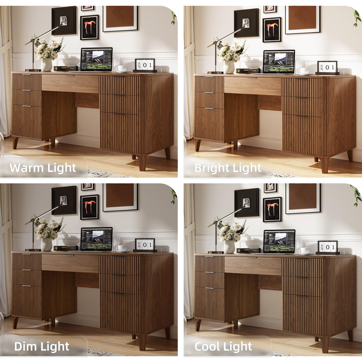 55.1" Fluted Executive Desk with Drawers, Wood Computer Desk with Storage Cabinet, Home Office Desk with Charging Station, Farmhouse Desk with File Cabinet for Office Home (Nature)