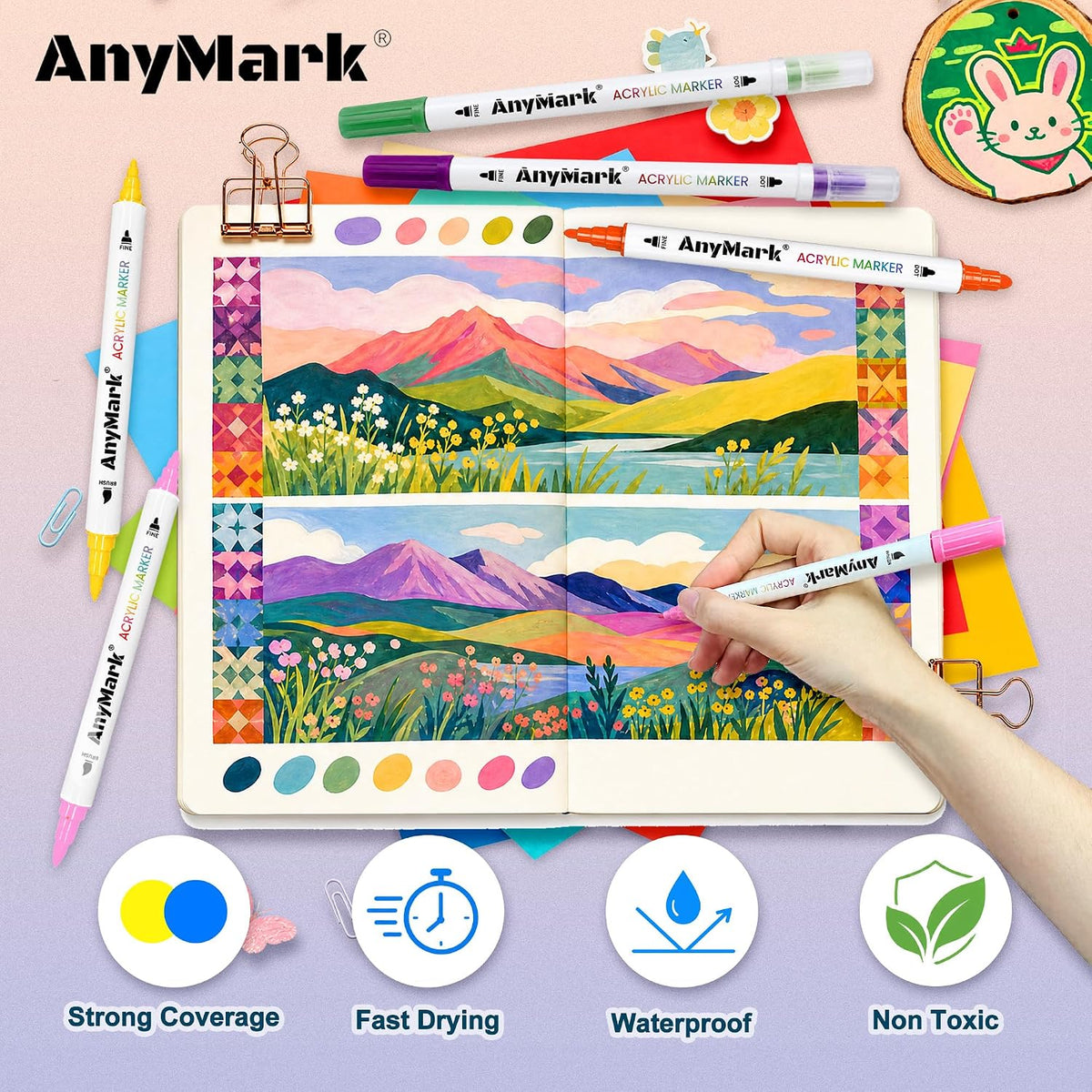 AnyMark 24 Colors Acrylic Paint Markers Brush & Fine Paint Pens