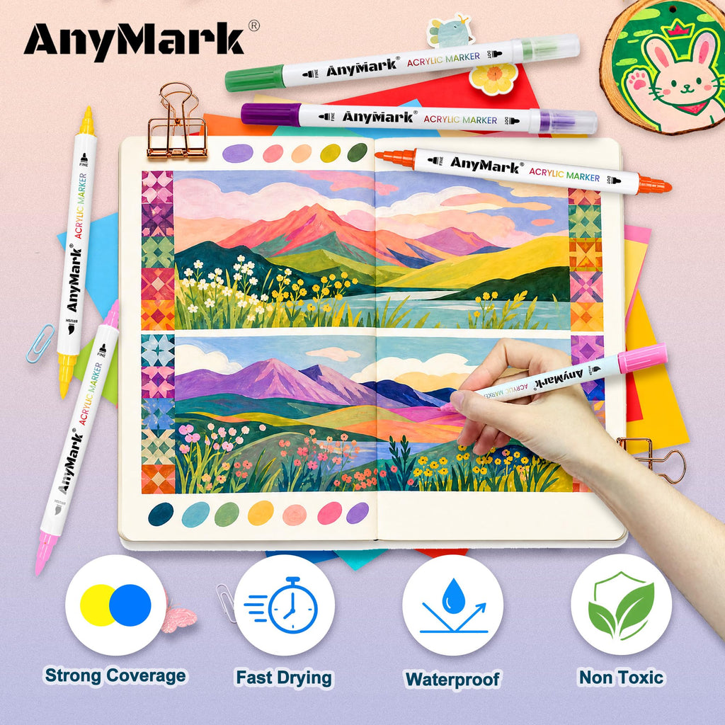 AnyMark 24 Colors Acrylic Paint Markers Brush & Fine Paint Pens