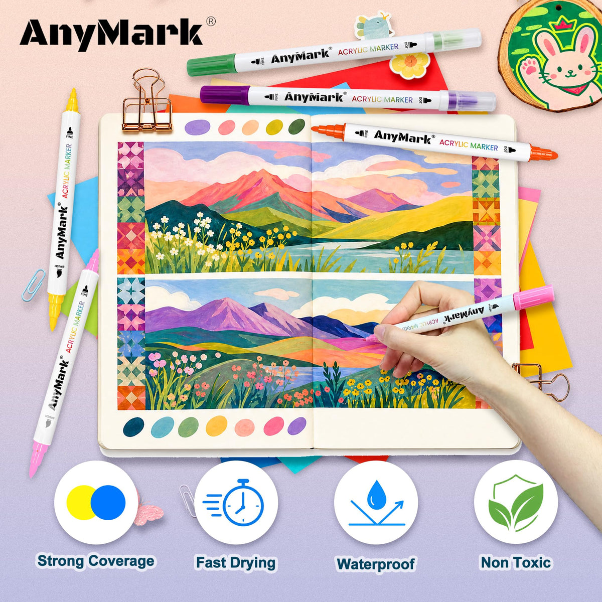 AnyMark 24 Colors Acrylic Paint Markers Brush & Fine Paint Pens