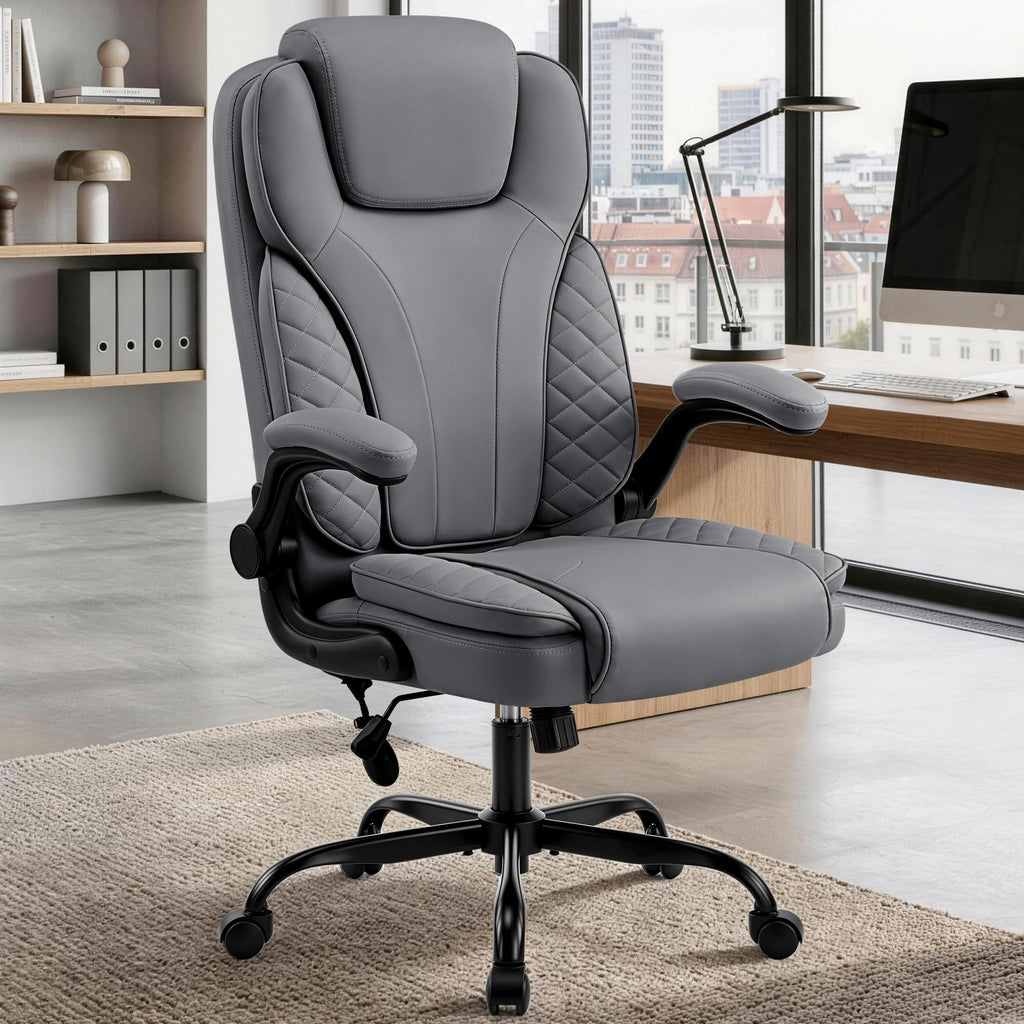 Ergonomic Office Chair, PU Leather High Back Executive Chair with Adjustable Inflatable Lumbar Support and Padded Flip-Up Arms, Recline Swivel Task Computer Chair for Home Office, Khaki
