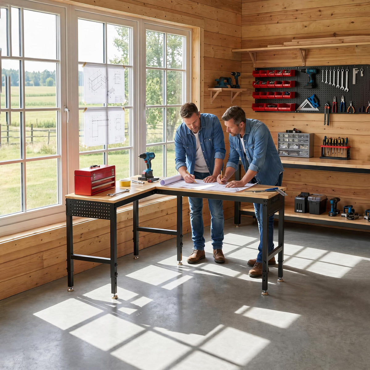 Betterhood 48" Heavy-Duty Adjustable Workbench for Garage, Rubber Wood Shop Table W/Metal Wheels, Hardwood Workstation Weight Capacity Over 2000 Lbs with Wheels