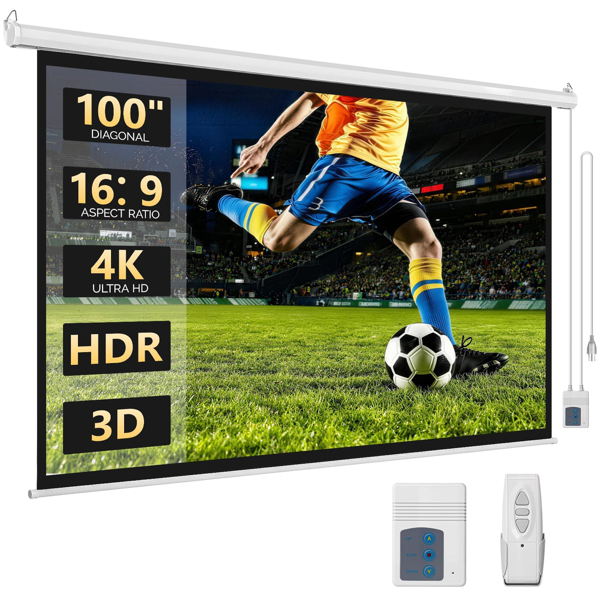 Motorized Projector Screen with Remote Control, No Wrinkles, Without Dents, HD Screen, for Home Theater Office Classroom TV Usage (92inch 16:9)