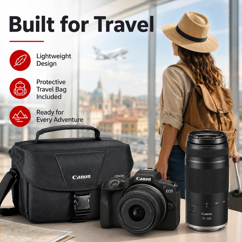 Canon EOS R100 Mirrorless Camera Body with RF-S 18-45mm F4.5-6.3 is STM Lens 6052C012 Bundle with Deco Gear Photography Bag + Microphone + Monopod + Software & Accessories Kit