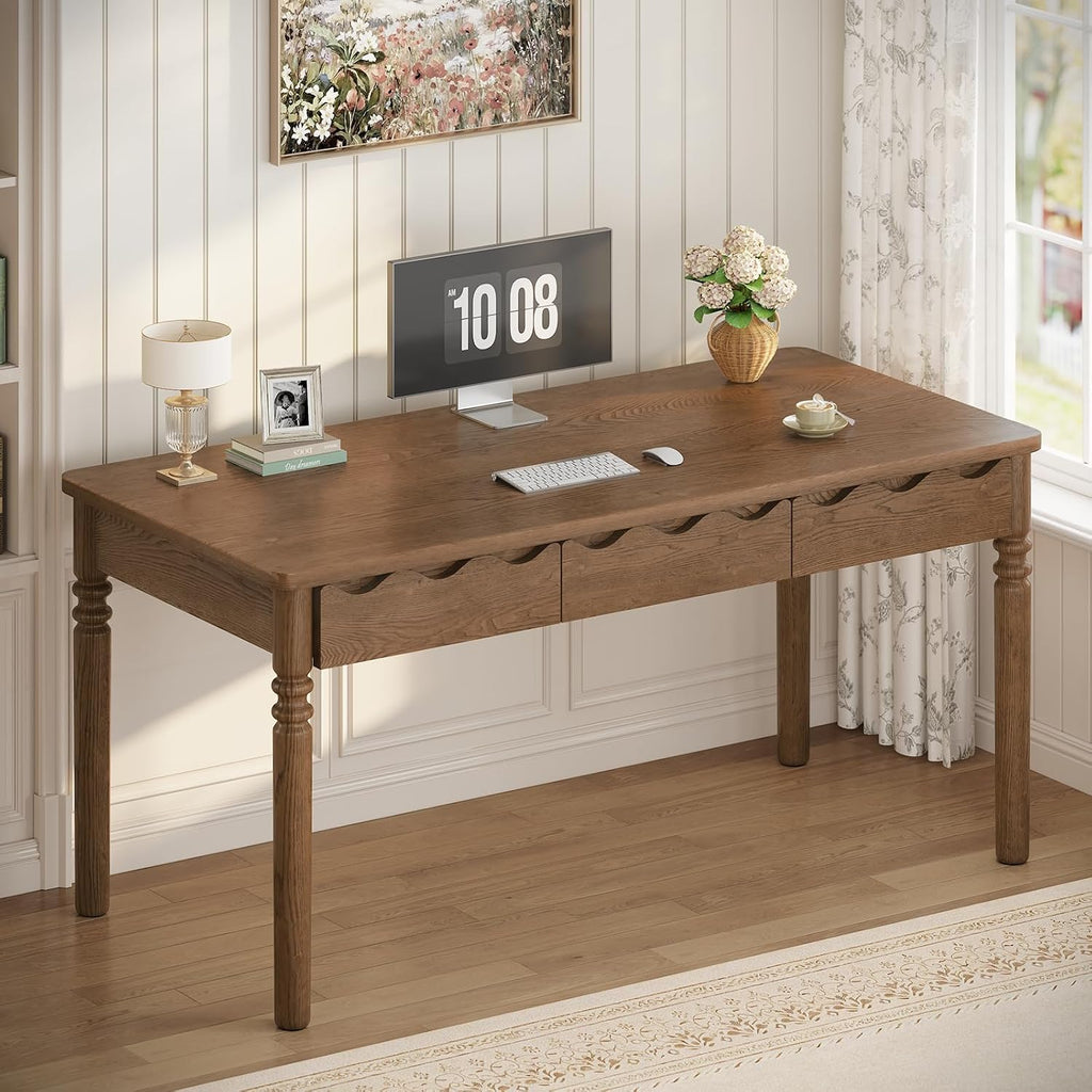 SEDETA Solid Pine Wood Computer Desk, 47'' Executive Home Office Desk with 3 Wood Drawers for Work Study Writing Bedroom, Makeup Vanity Desk, Brown