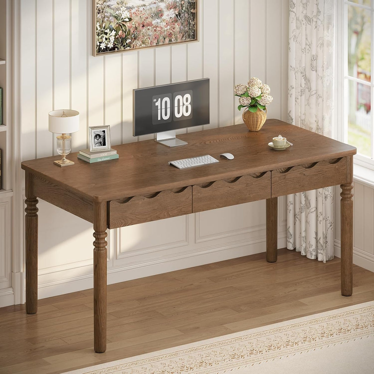 SEDETA Solid Pine Wood Computer Desk, 47'' Executive Home Office Desk with 3 Wood Drawers for Work Study Writing Bedroom, Makeup Vanity Desk, Brown