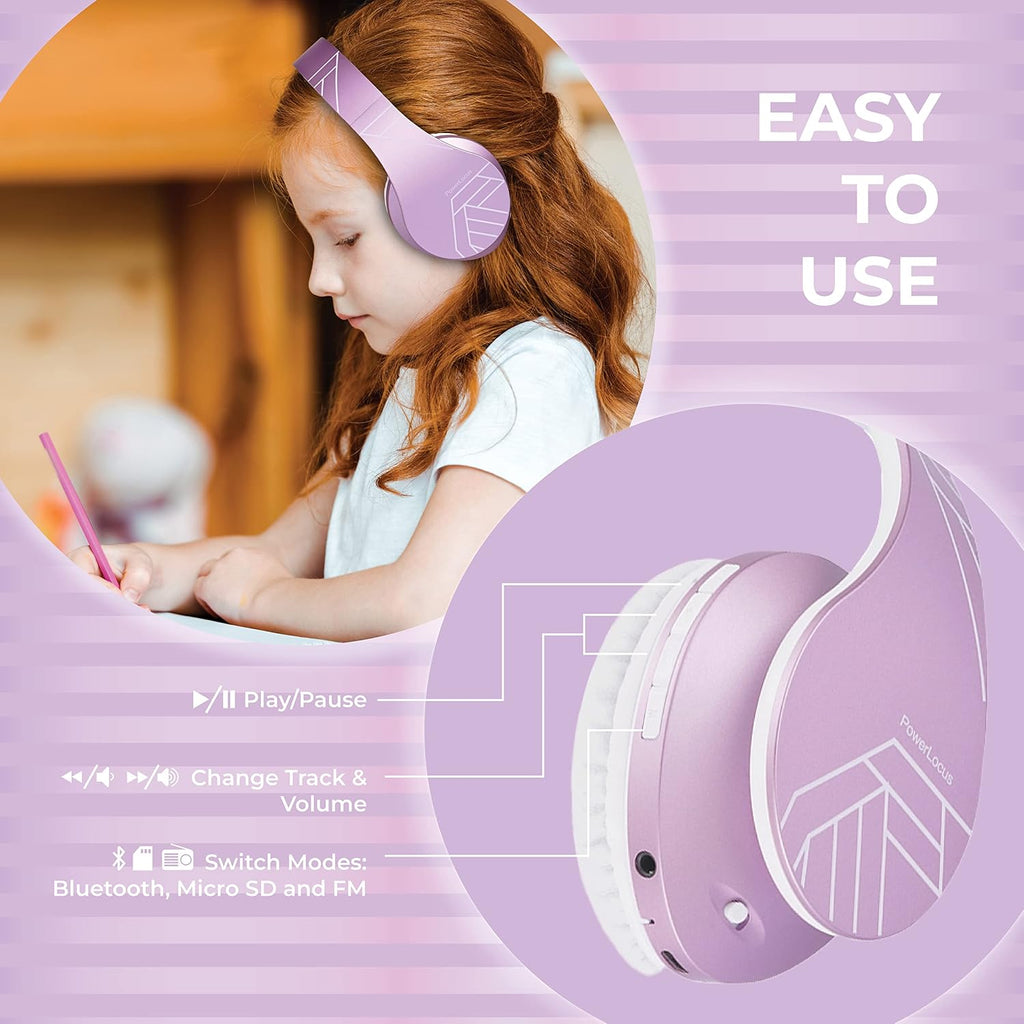 PowerLocus Kids Headphones Over-Ear, Bluetooth Wireless Headphones for Kids,with Microphone, Safe 85DB Volume Limited, Foldable with Carry Case, Audio Cable, Micro SD mode for Online Classes,PC,Phones