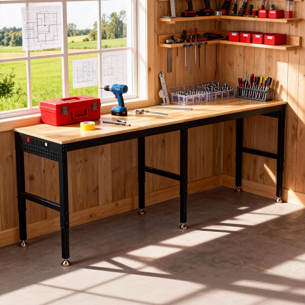 Betterhood 48" Heavy-Duty Adjustable Workbench for Garage, Rubber Wood Shop Table W/Metal Wheels, Hardwood Workstation Weight Capacity Over 2000 Lbs with Wheels