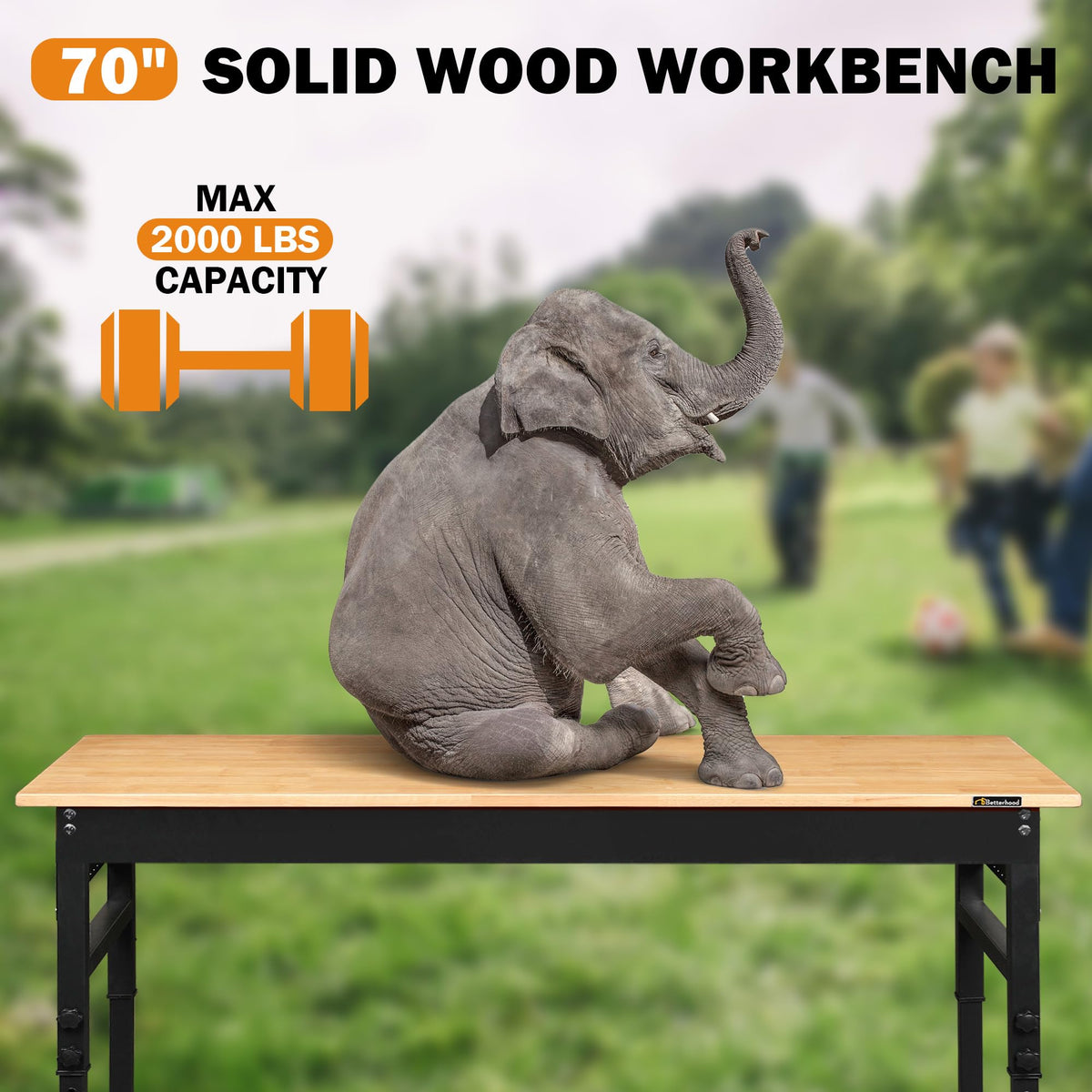 Betterhood 48" Heavy-Duty Adjustable Workbench for Garage, Rubber Wood Shop Table W/Metal Wheels, Hardwood Workstation Weight Capacity Over 2000 Lbs with Wheels
