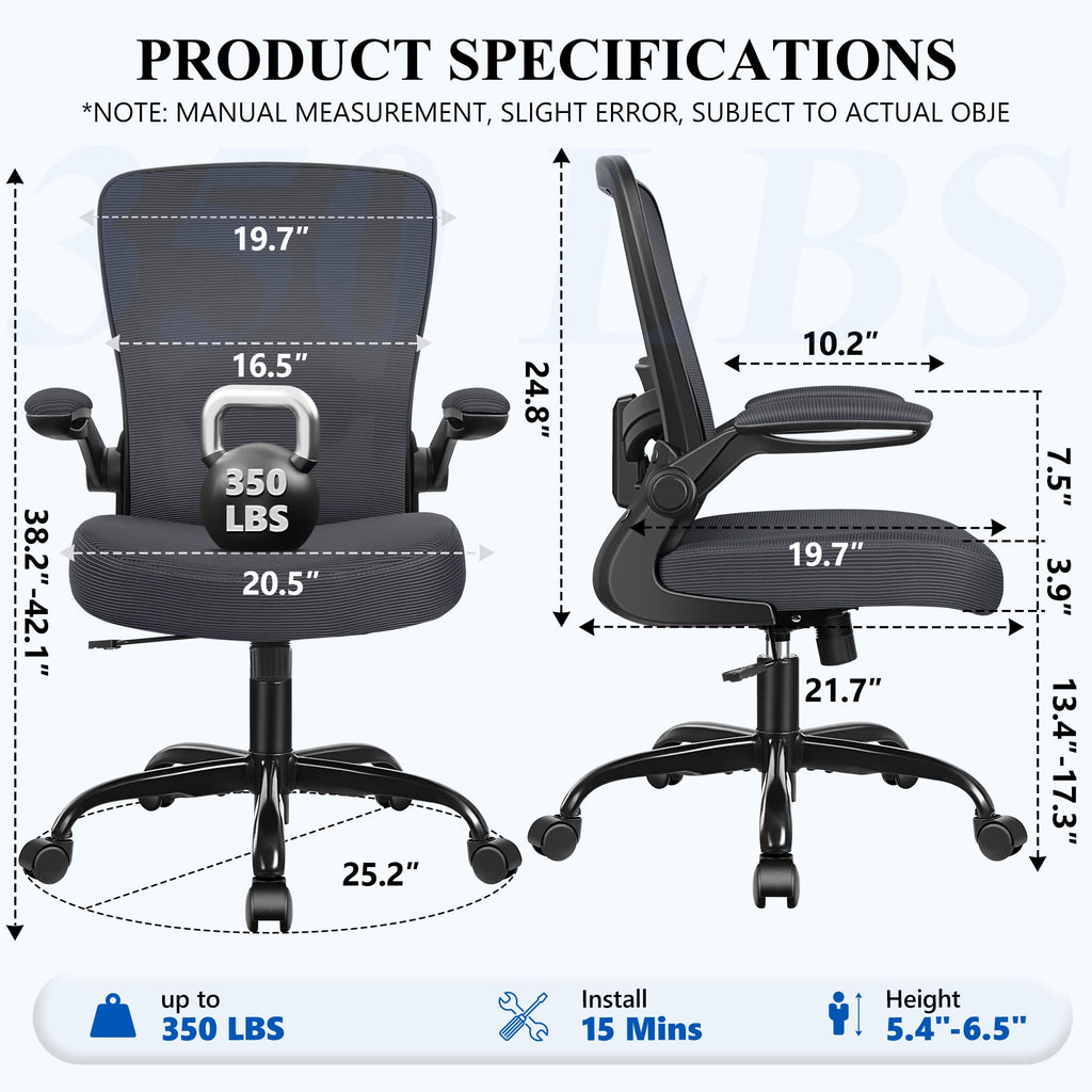 FelixKing Office Chair, Ergonomic Desk Chair Breathable Mesh Chairs Adjustable High Back Lumbar Support Flip-up Armrests, Executive Rolling Swivel Comfy Computer Chairs Home Office Black