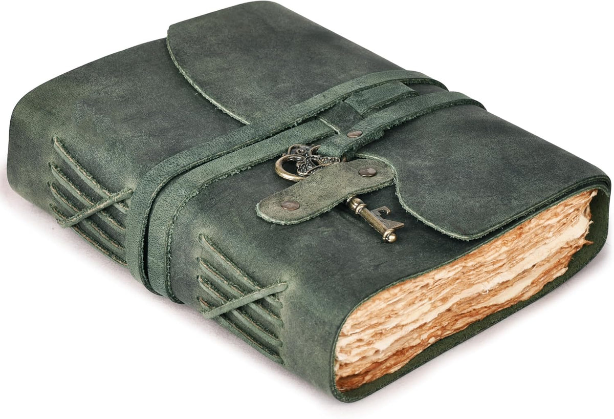 LEATHER VILLAGE Vintage Leather Journal Key Lock, Teal 6x4.