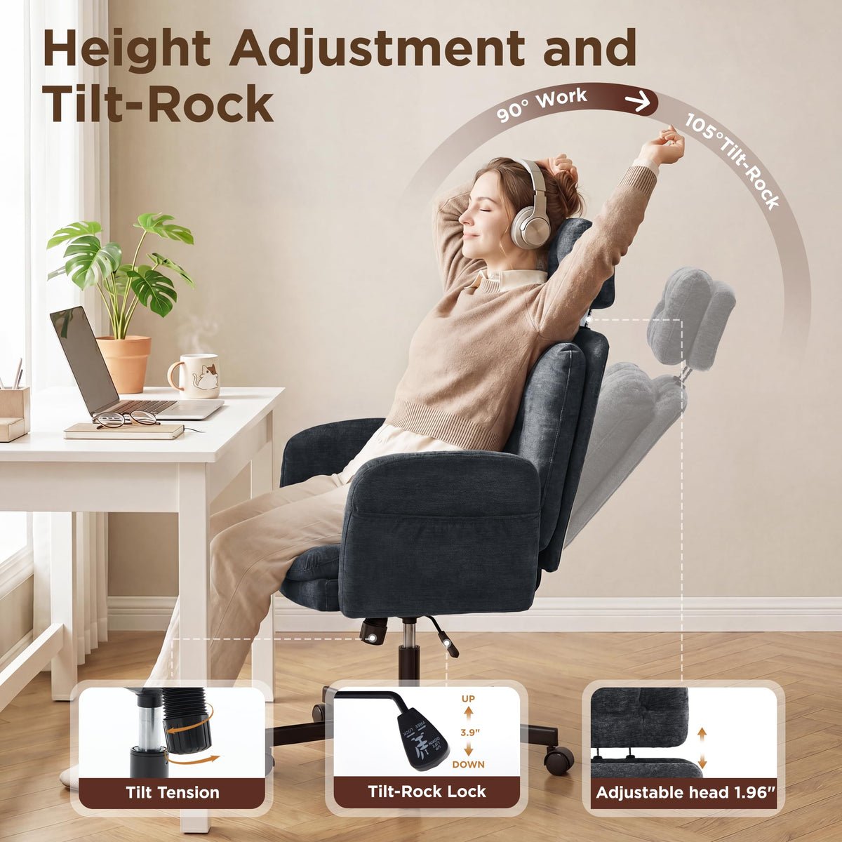 FiveWillowise Cross Legged Office Chair with Flip-up Arms&Hight Back,Grey