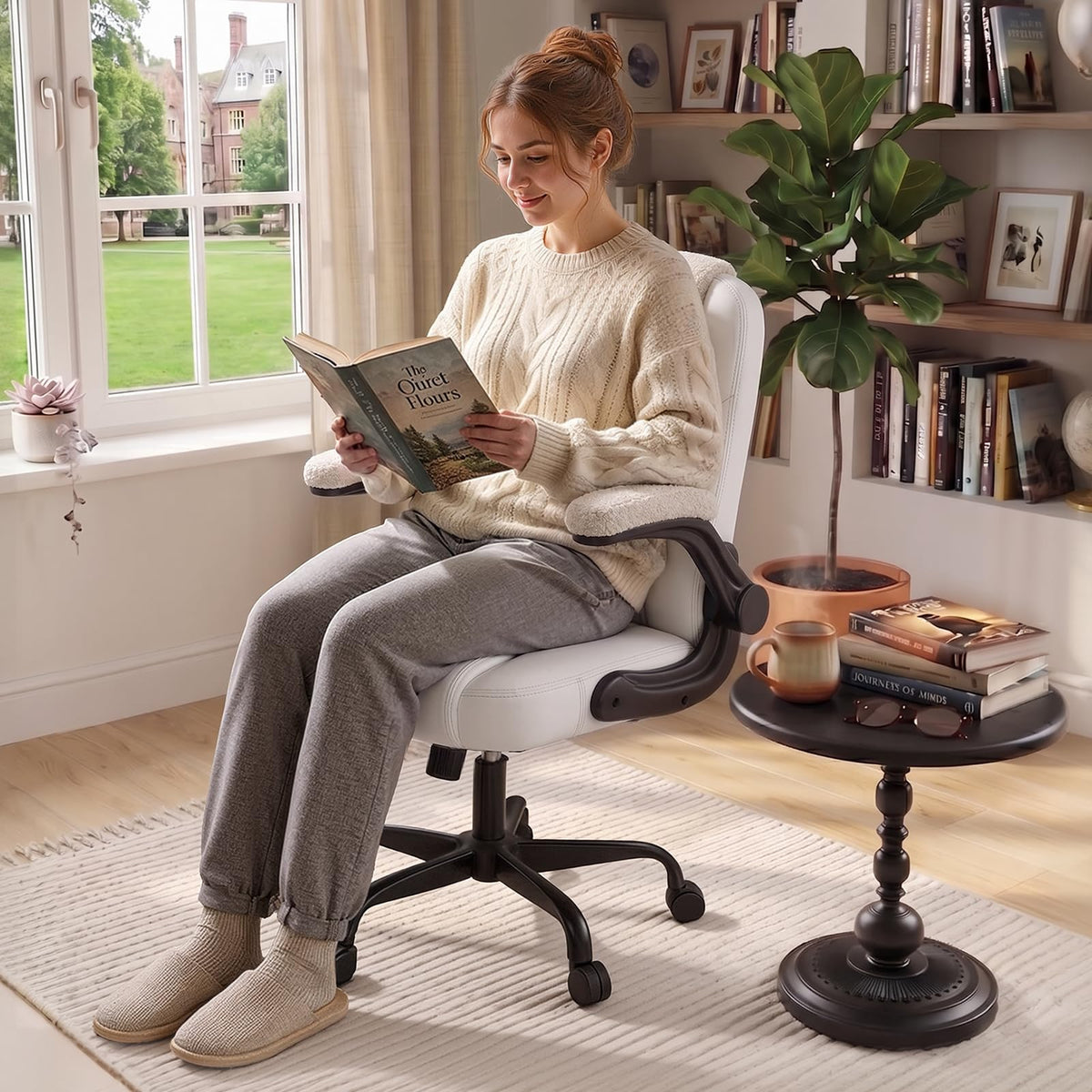 PU Leather Mid-Back Office Chair, Flip-Up Arms, 3.5" Dual-Layer Cushion