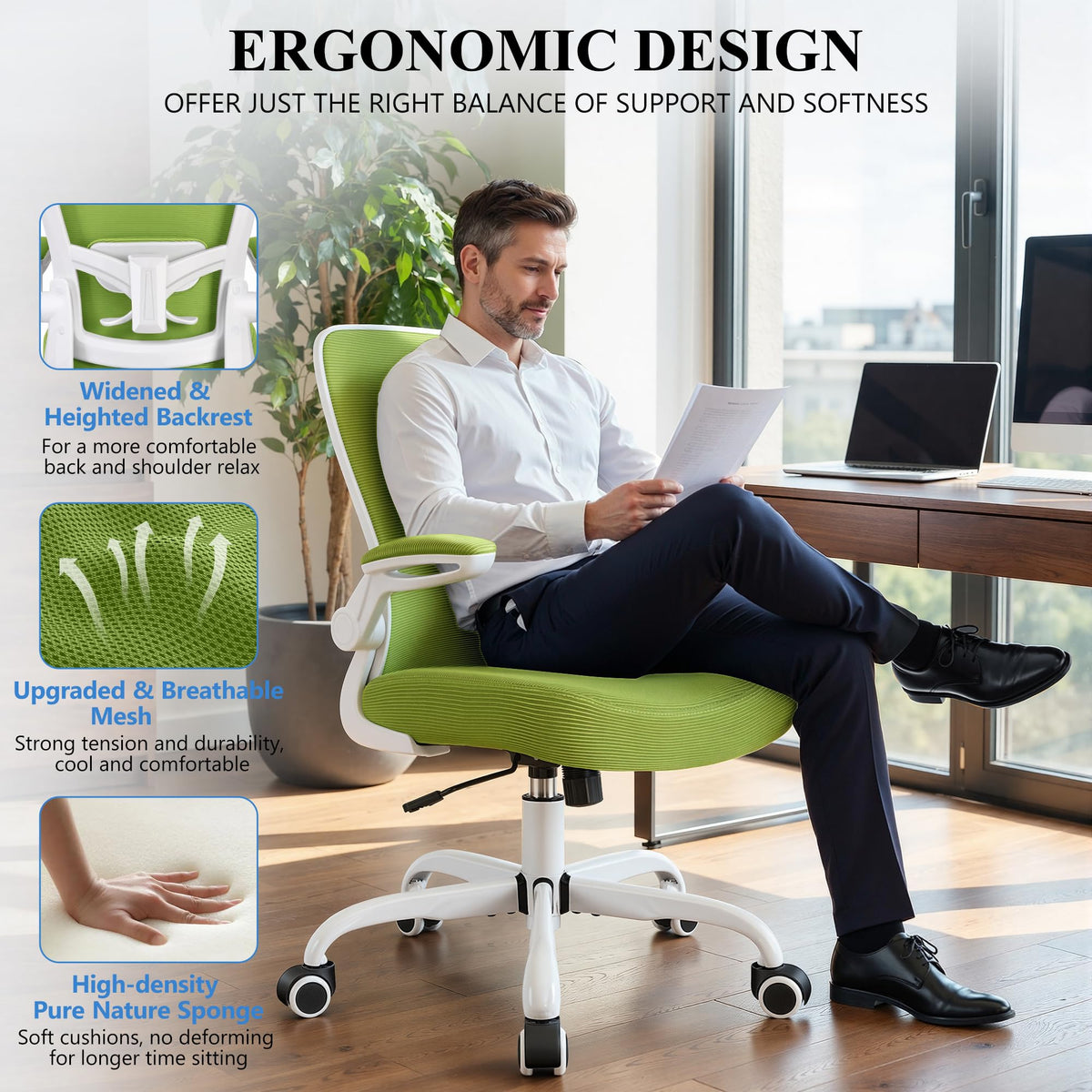 FelixKing Office Chair, Ergonomic Desk Chair Breathable Mesh Chairs Adjustable High Back Lumbar Support Flip-up Armrests, Executive Rolling Swivel Comfy Computer Chairs Home Office Black